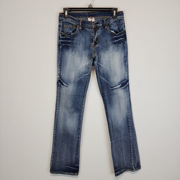 TSTARB Bootcut Jeans Size 28x33 Distressed Yellow Bird Embroidered Back Pockets - Picture 2 of 13